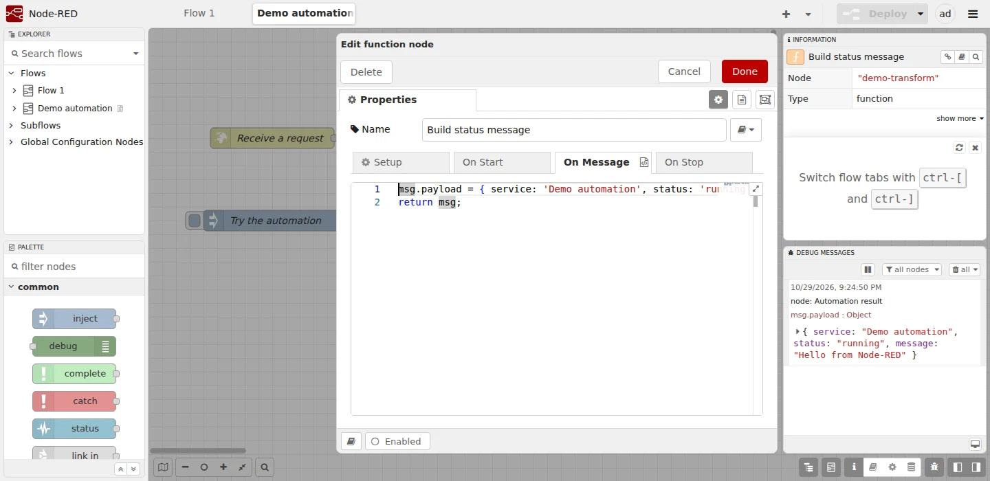 Build a flow that transforms incoming requests into a JSON response.