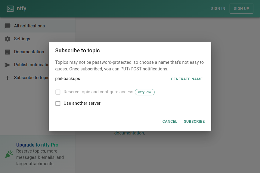 Subscribe to a topic from the web app, no signup required