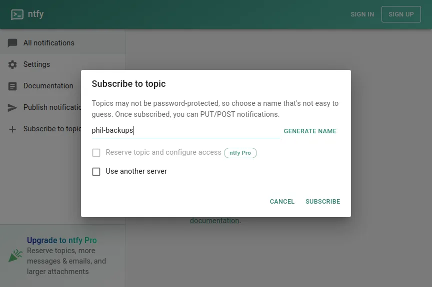 Subscribe to a topic from the web app, no signup required