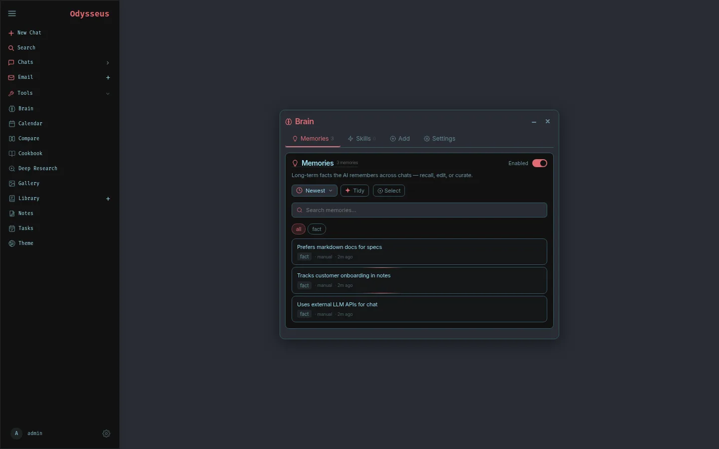 Long-term memories the assistant recalls across chats, with search and categories.