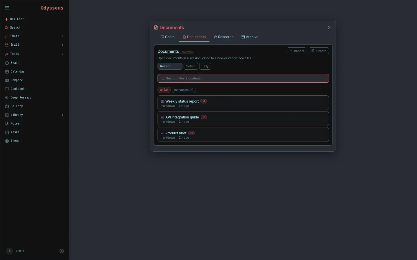 Document library with markdown files, import, search, and version badges.