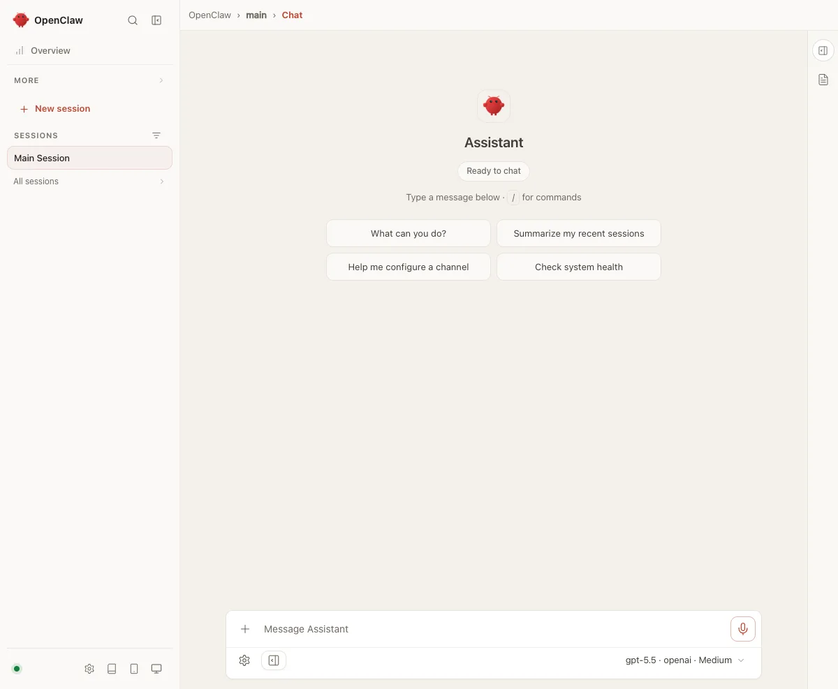 Chat with your agent and manage sessions, channels and tools from one dashboard
