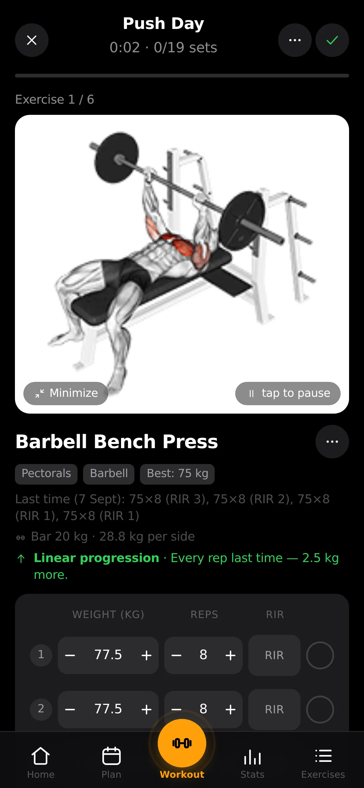Routine builder with supersets, warm-ups, and exercise library