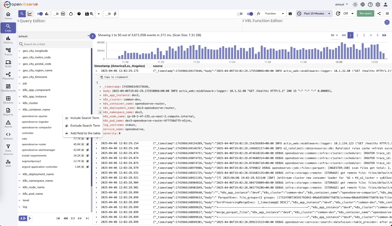 Search and analyse logs at petabyte scale