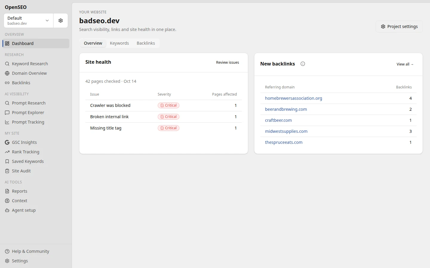 Project dashboard with site health summary from a completed crawl