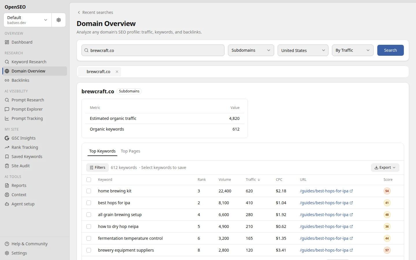 Domain overview search for traffic, keywords, and links
