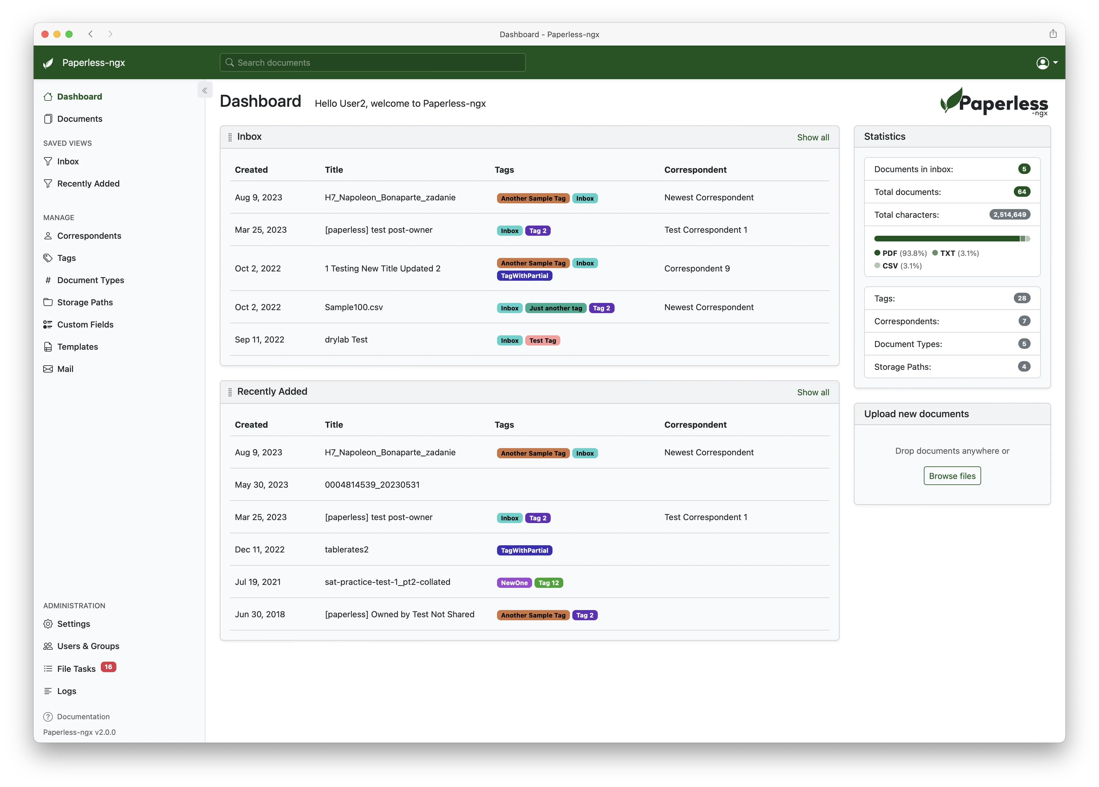 Dashboard with saved views, recent documents and consumption stats