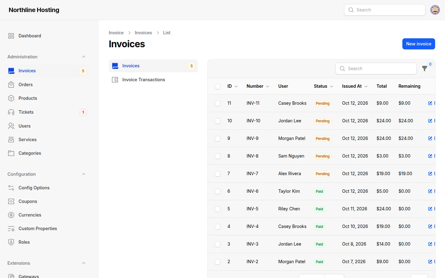 Invoice list with paid, pending, and past-due client bills