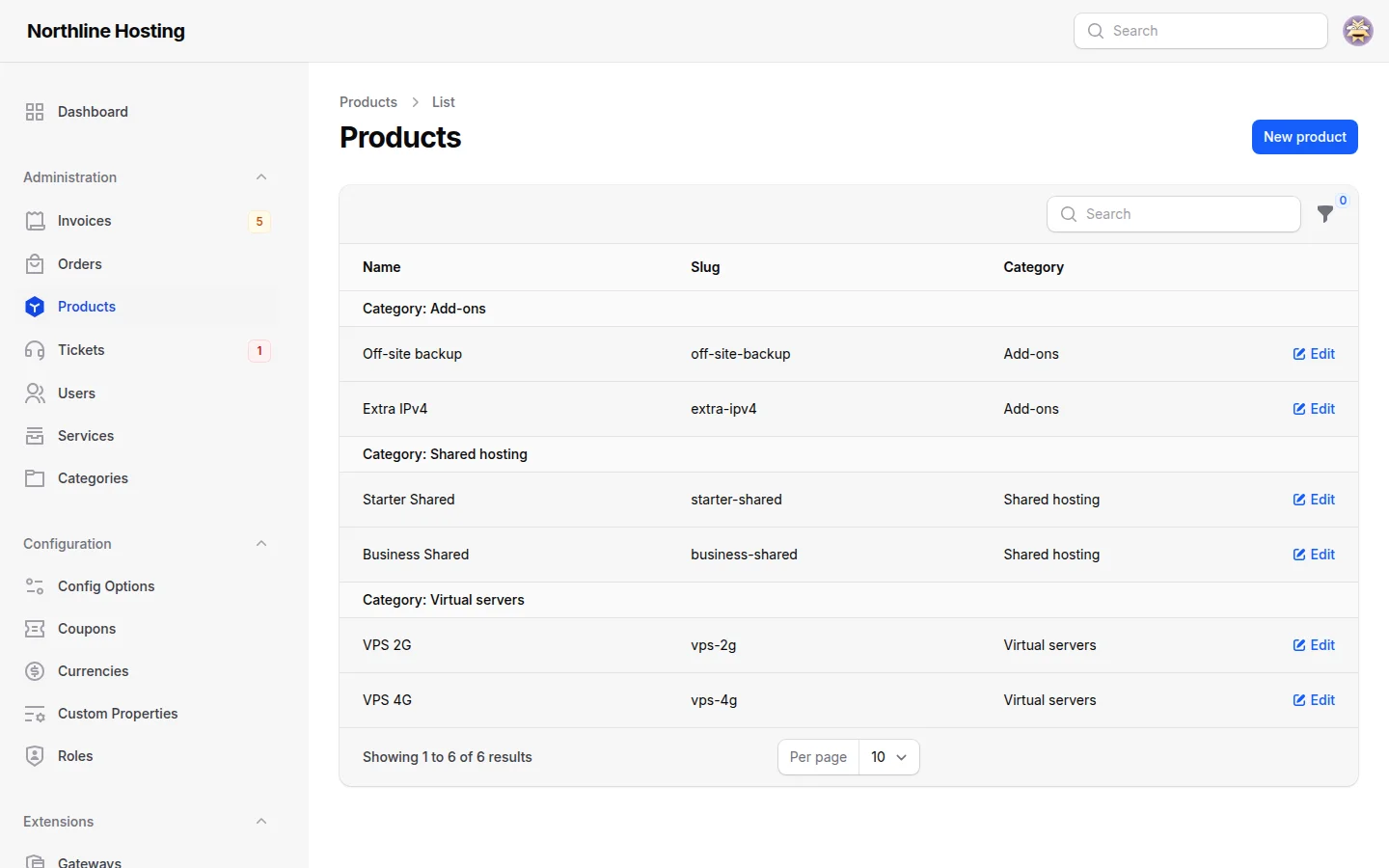 Product catalog with plans for shared hosting, VPS, and add-ons