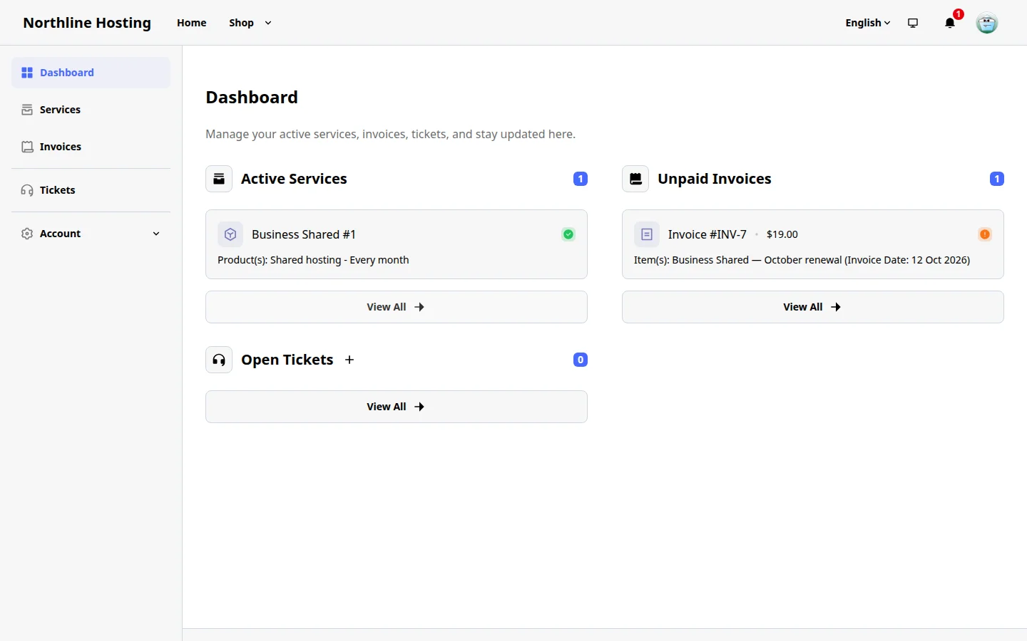 Customer portal showing active services and unpaid invoices