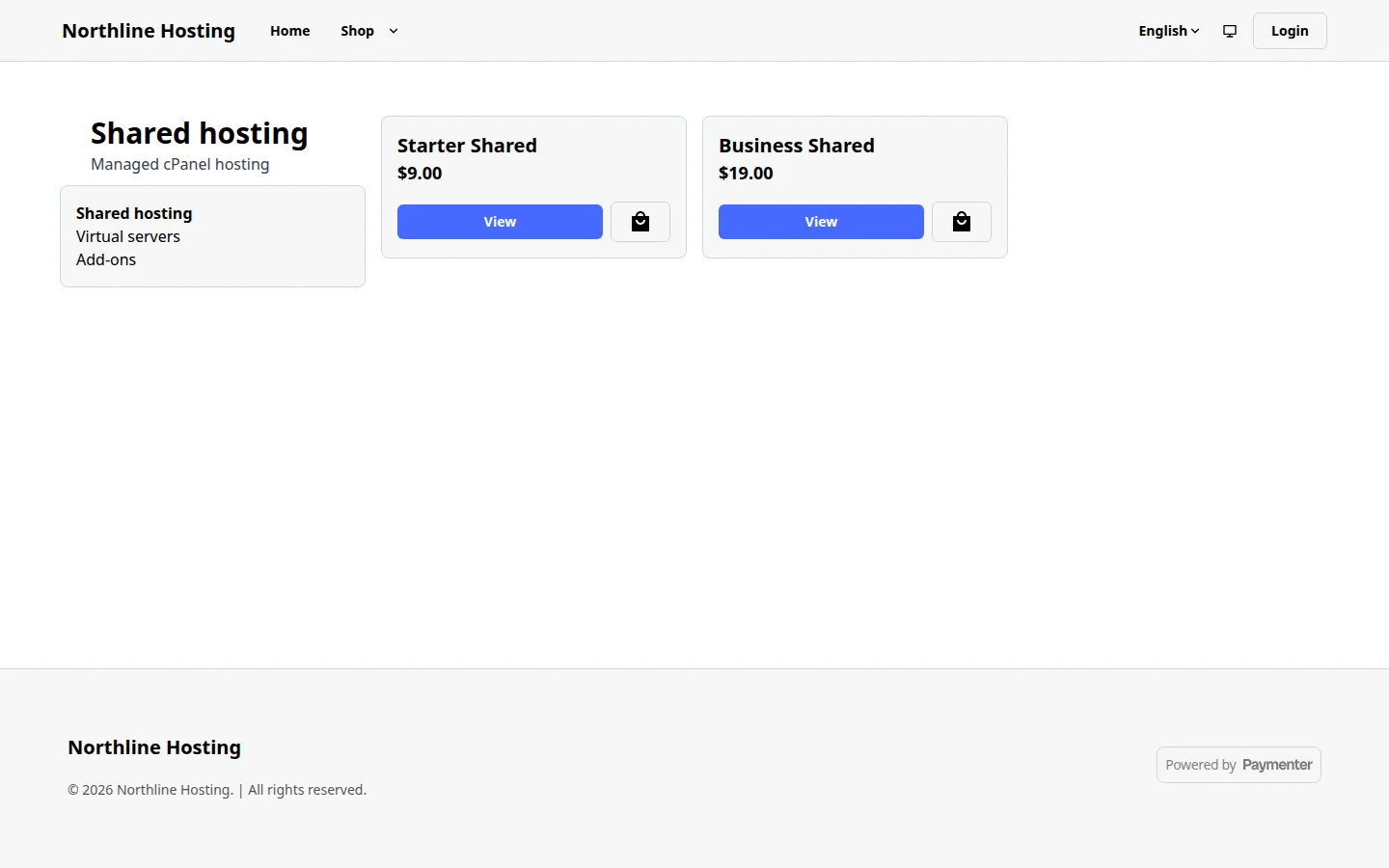 Shared hosting category with plan prices on the public storefront
