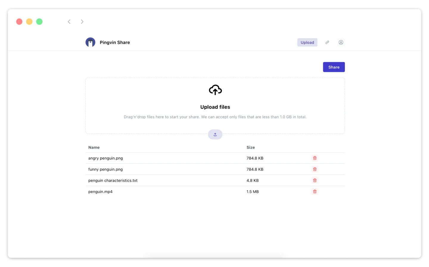 Drag and drop files to start a share, then send the link