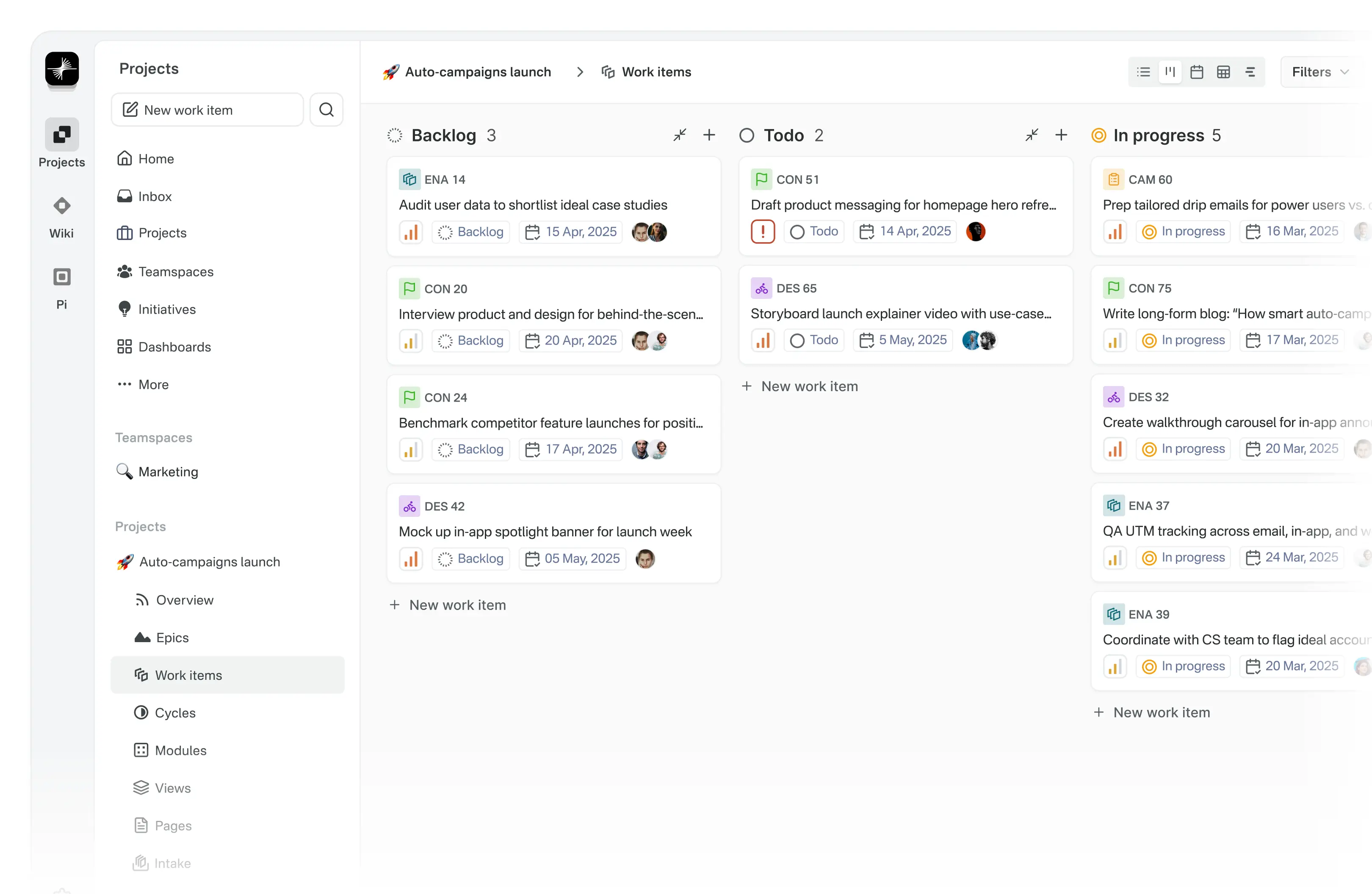 Work items board: drag-and-drop kanban across Backlog, Todo and In Progress
