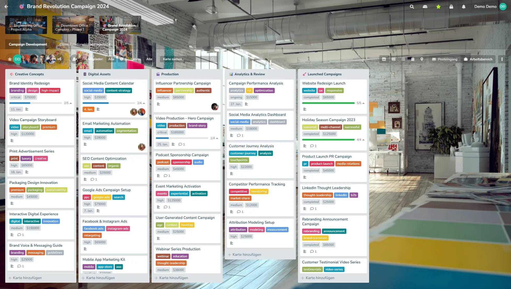 Drag-and-drop kanban board with lists, cards, labels and members