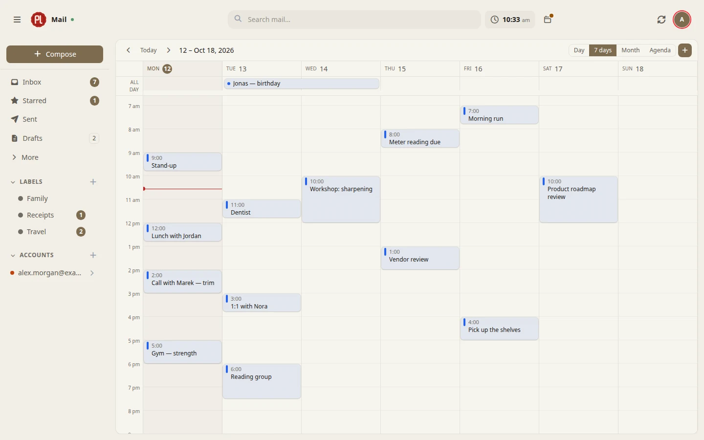 Week calendar beside mail with upcoming events