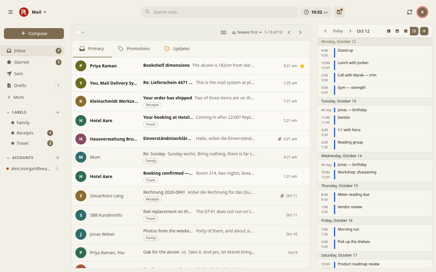 Unified inbox with multiple accounts and labels in the sidebar