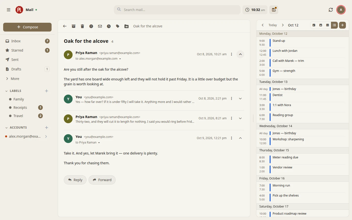 Thread reading pane with conversation history and reply actions