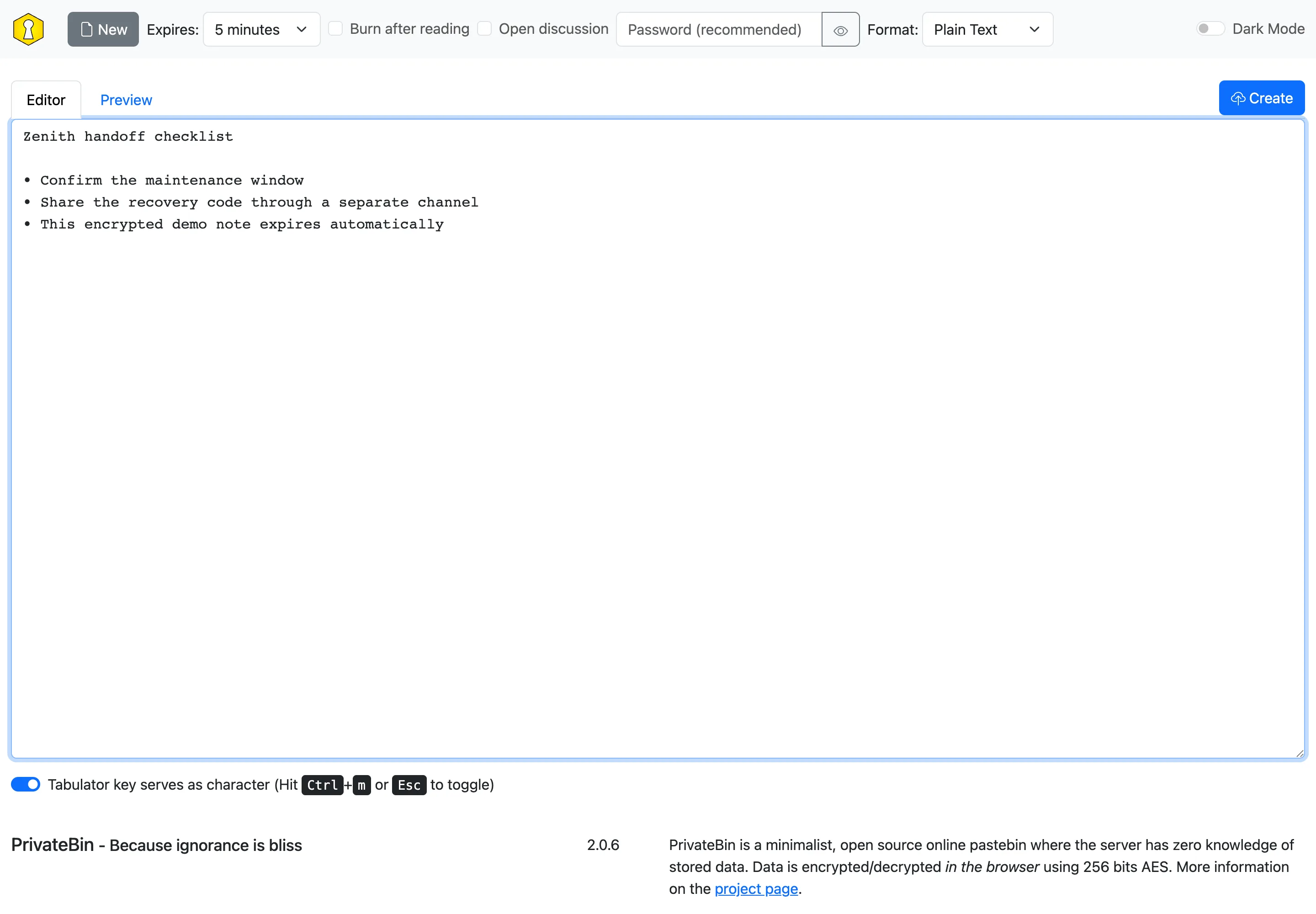 Compose an encrypted note and choose its expiry, format, discussion, and burn-after-reading options.