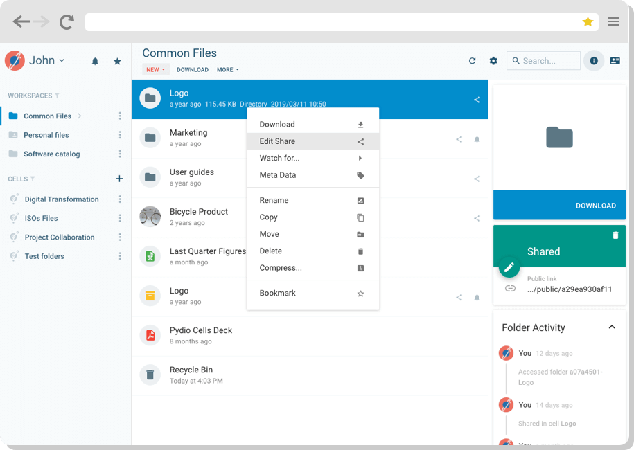 Granular sharing, public links and per-folder activity