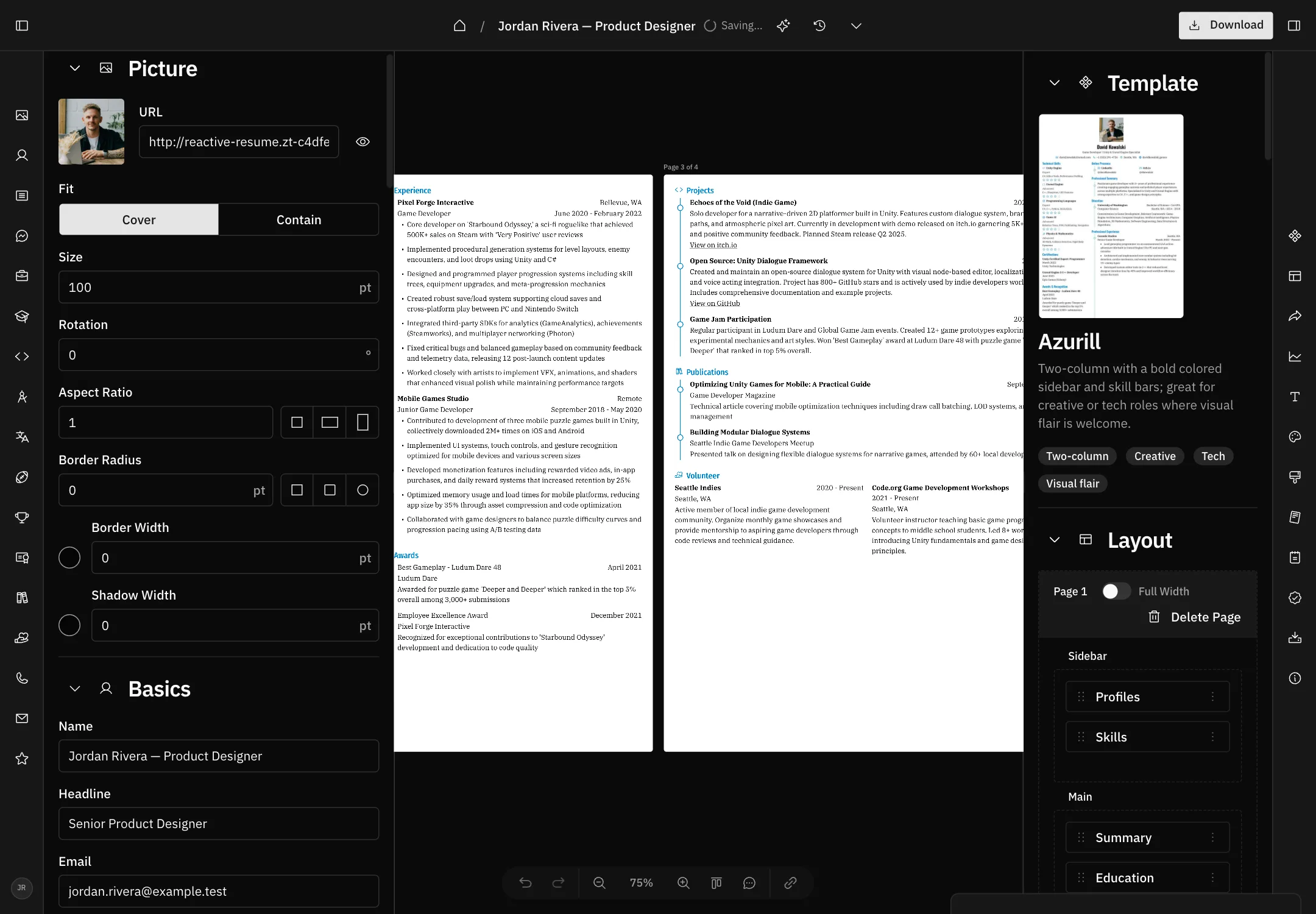 Edit a complete resume while the polished page updates alongside your content