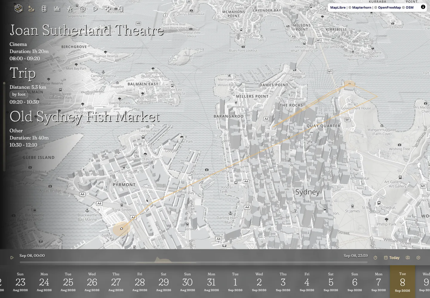 Explore a private location timeline with visits and journeys on the map