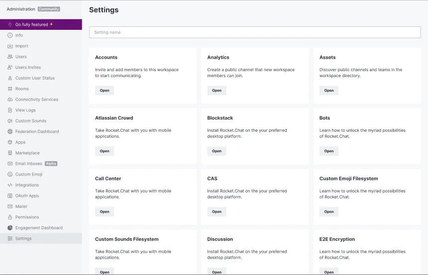 Settings panel with categorized configuration options