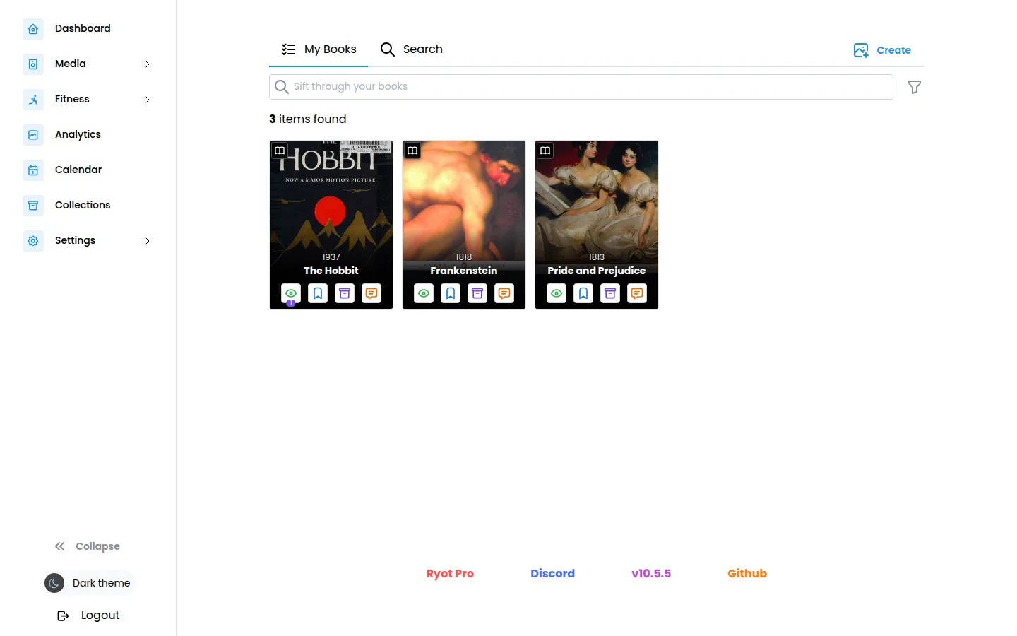 Browse a personal book library with cover art and reading controls.