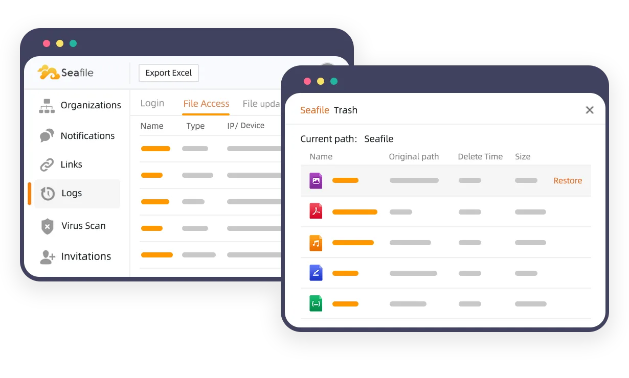Built-in file history and trash: restore deleted files and review activity