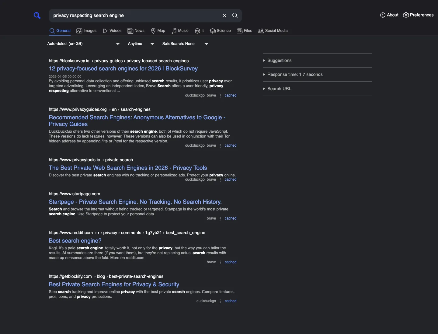 Aggregated search results from multiple engines on one privacy-first page