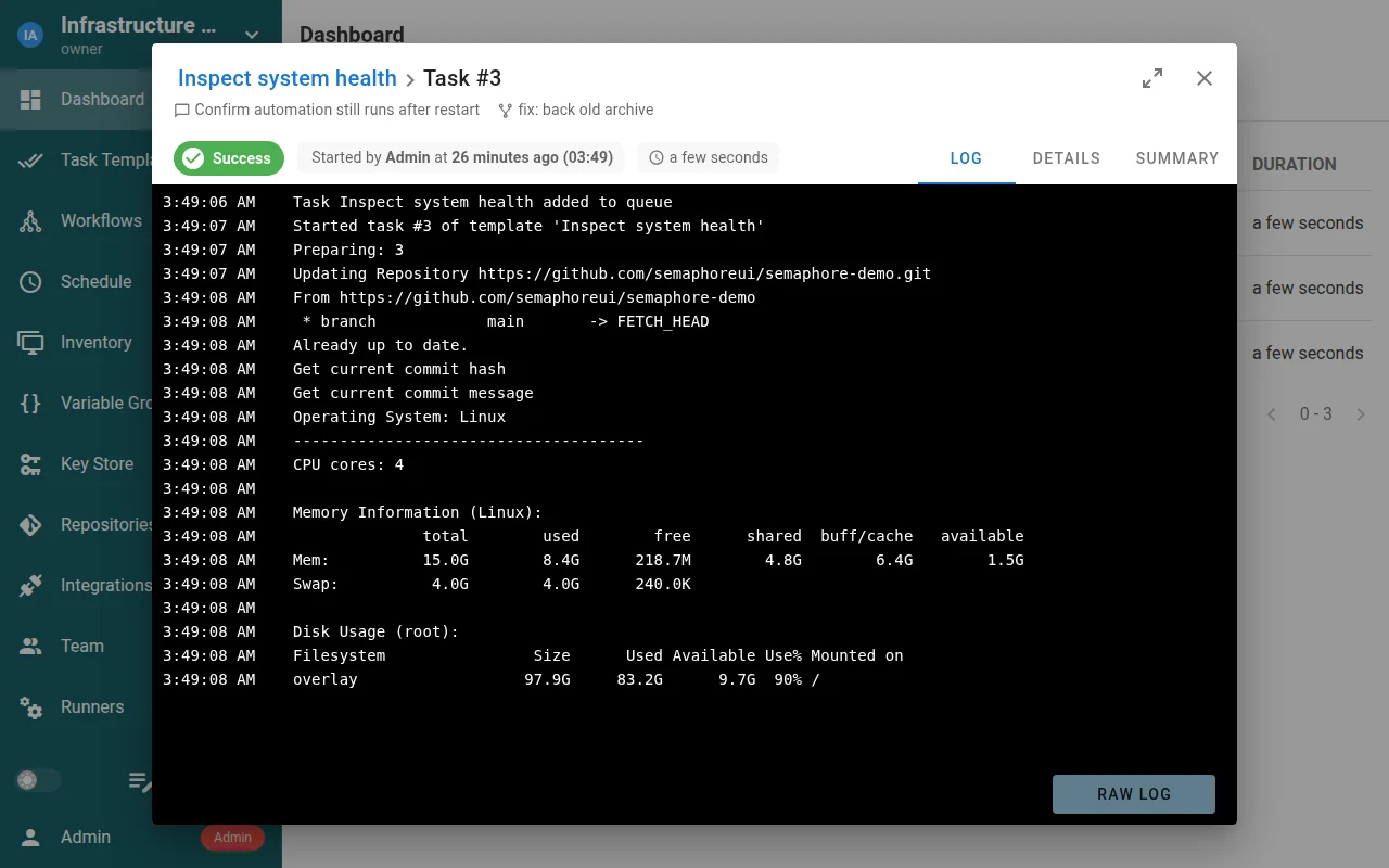 Inspect the output of a completed automation task.