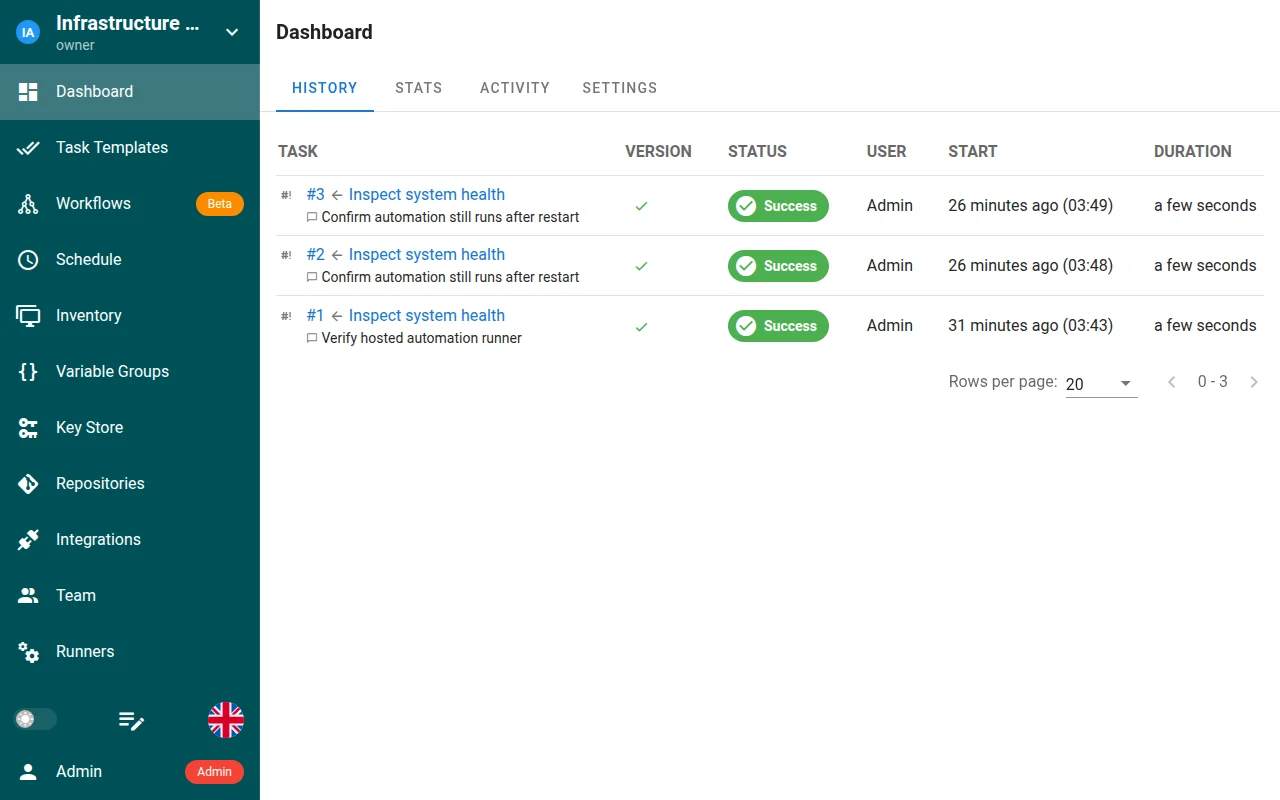 Review automation tasks and their execution history.