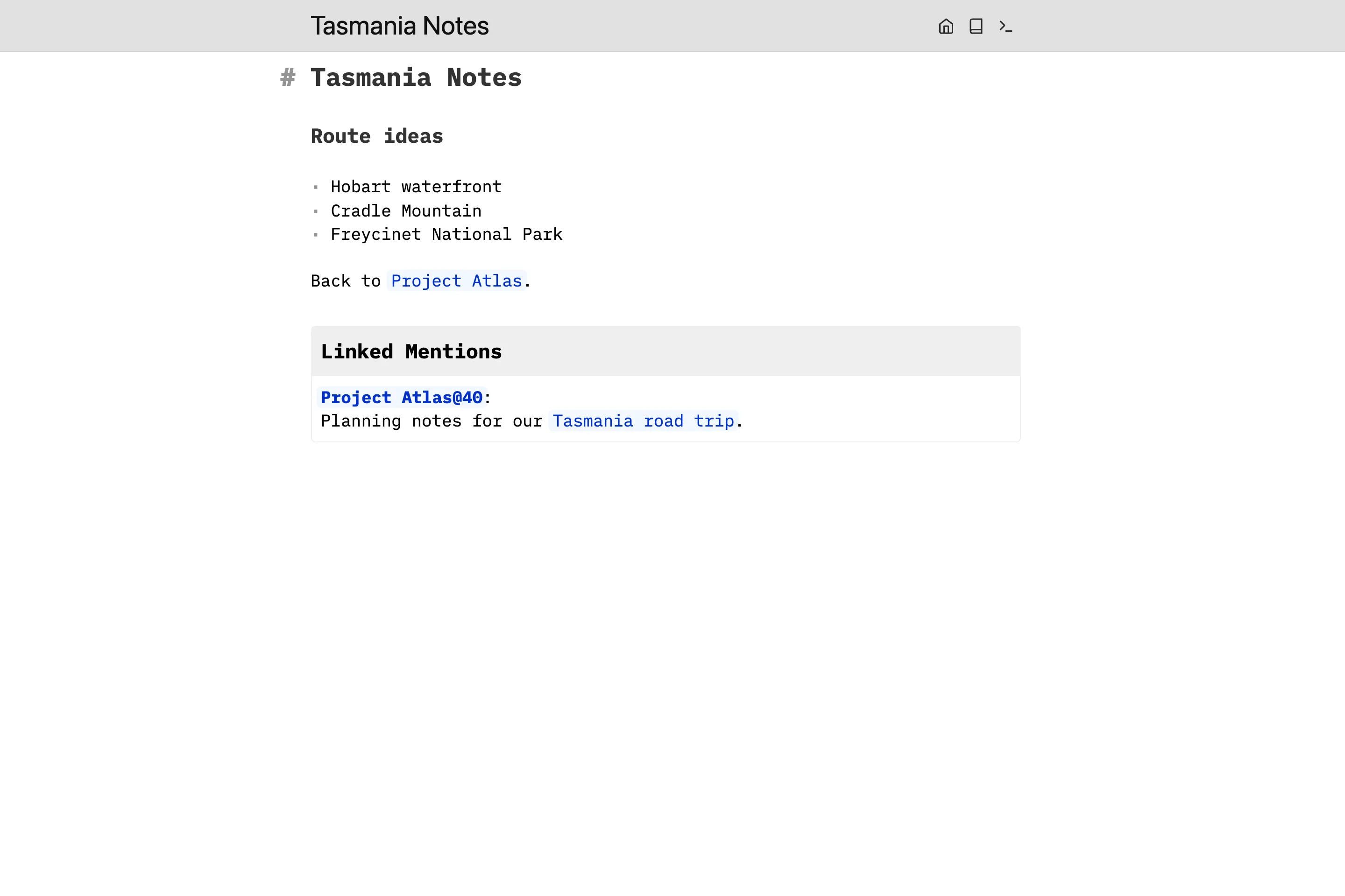 Follow wiki links between Markdown pages and see automatic linked mentions.