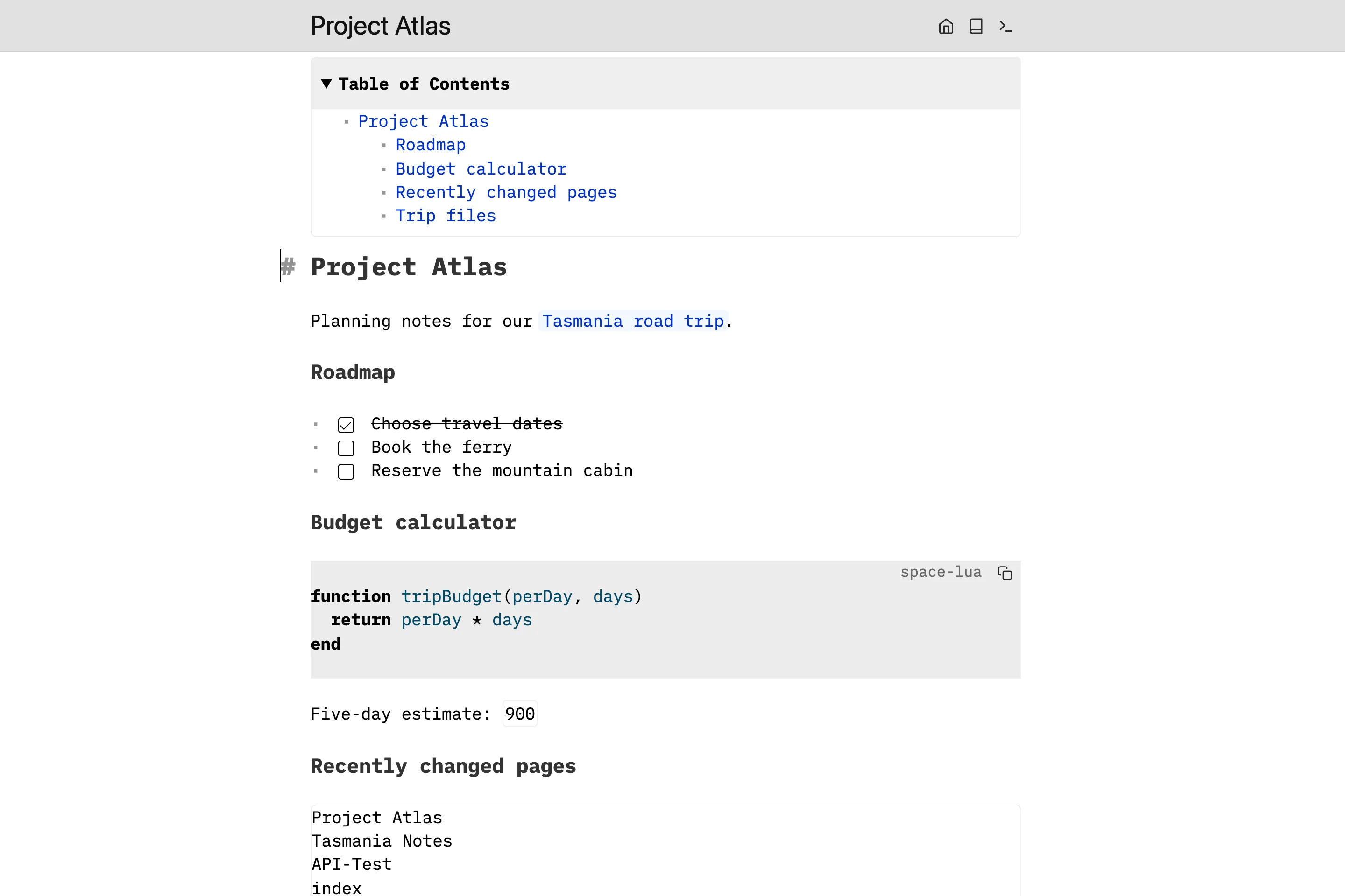 Build a linked project workspace with tasks, live queries, and Space Lua calculations.