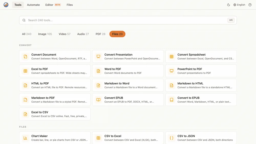 Browse document conversion, spreadsheet, and archive tools