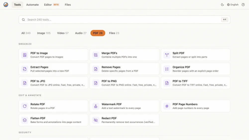 Browse PDF conversion, merge, split, and annotation tools