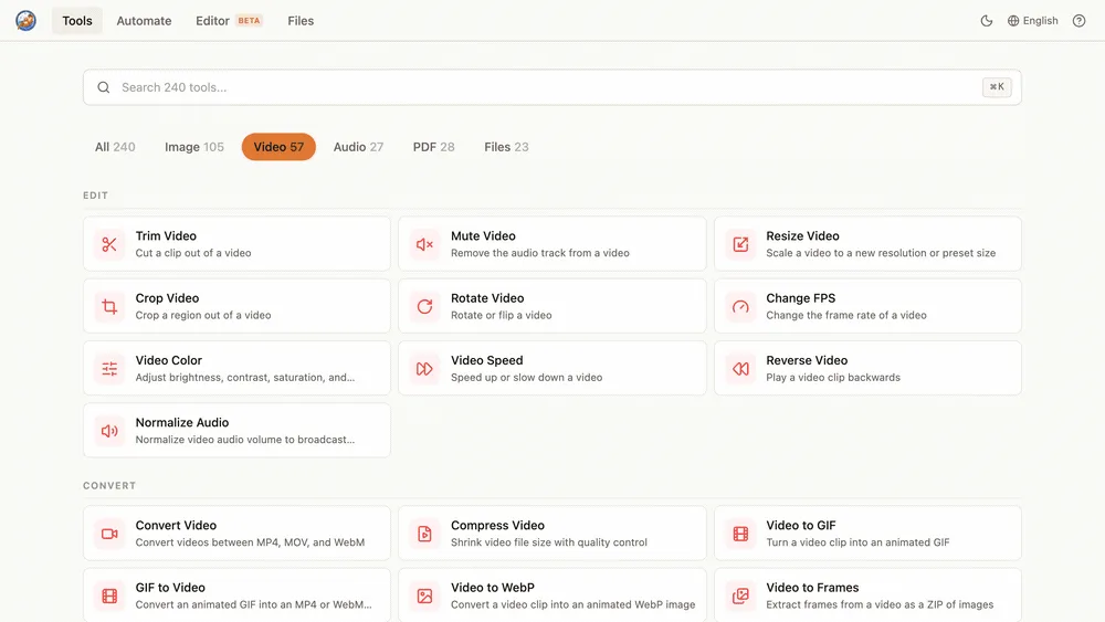 Browse video editing, conversion, and compression tools