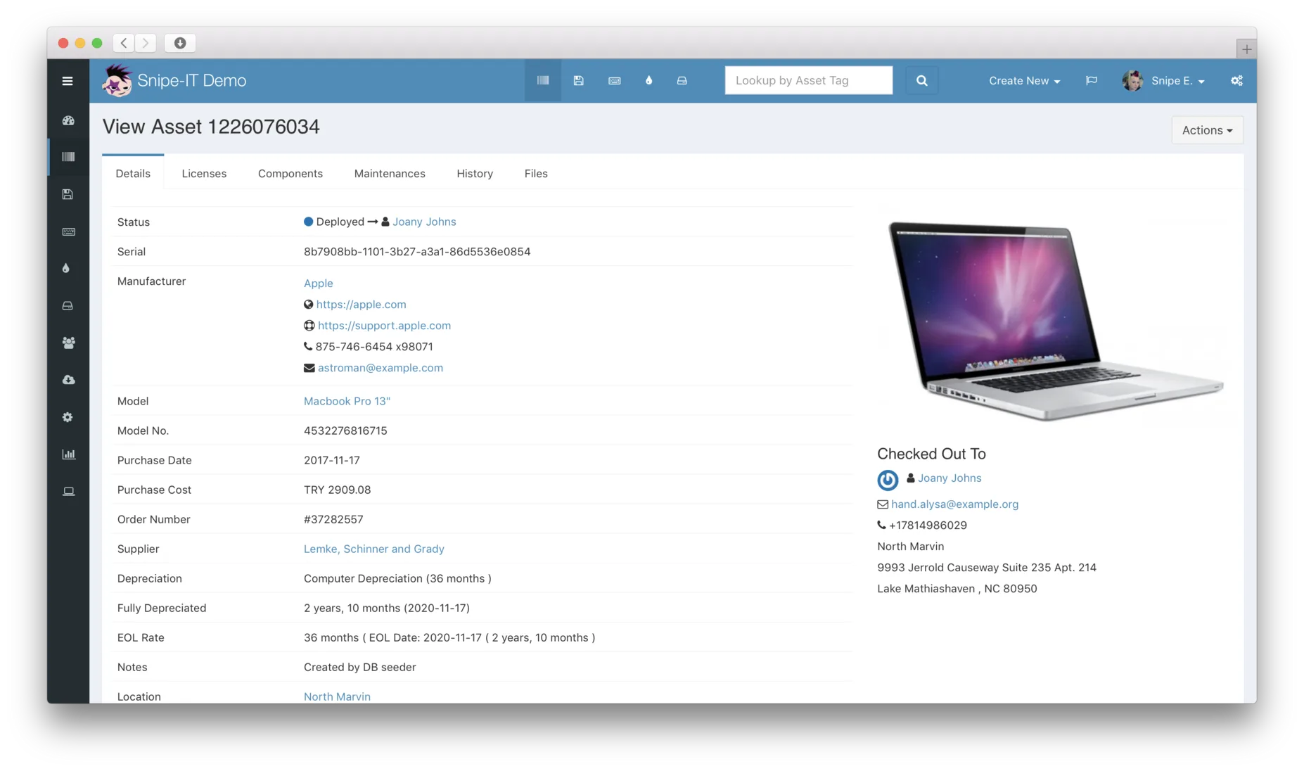 Asset detail view with assignment history, maintenance records, and depreciation