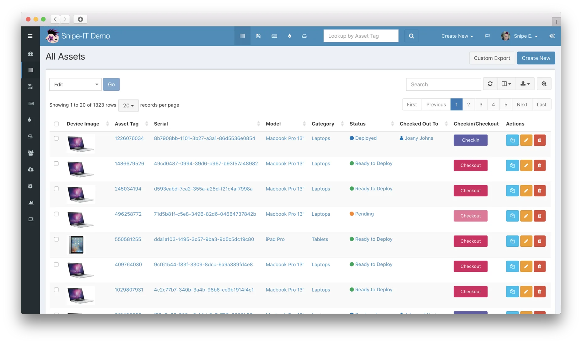 Asset list showing hardware inventory with status, assignment, and location