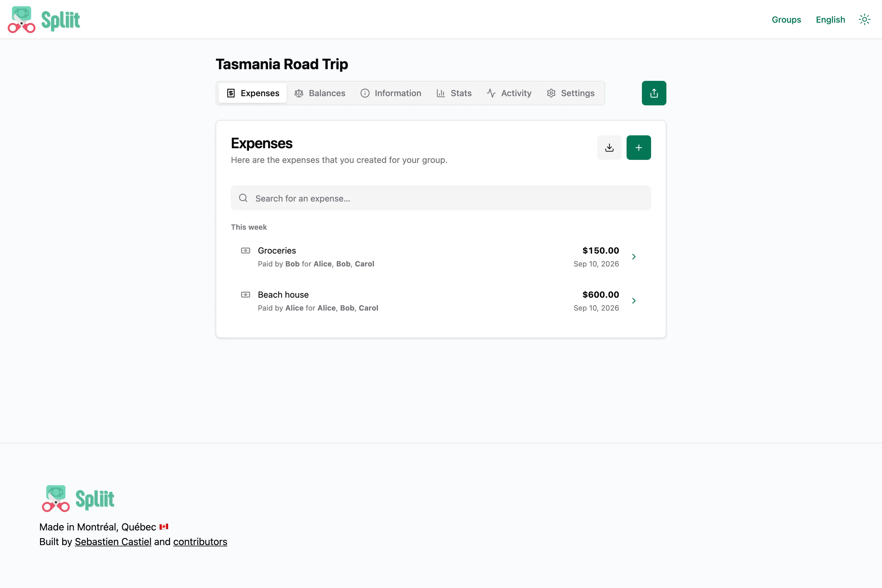 Review a group's shared expenses and each participant's running balance.