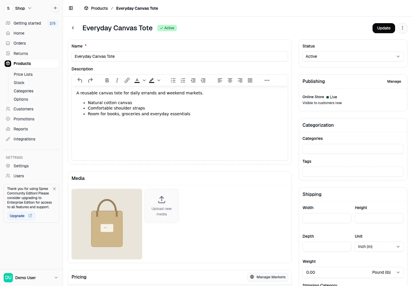 Edit product details and inventory.