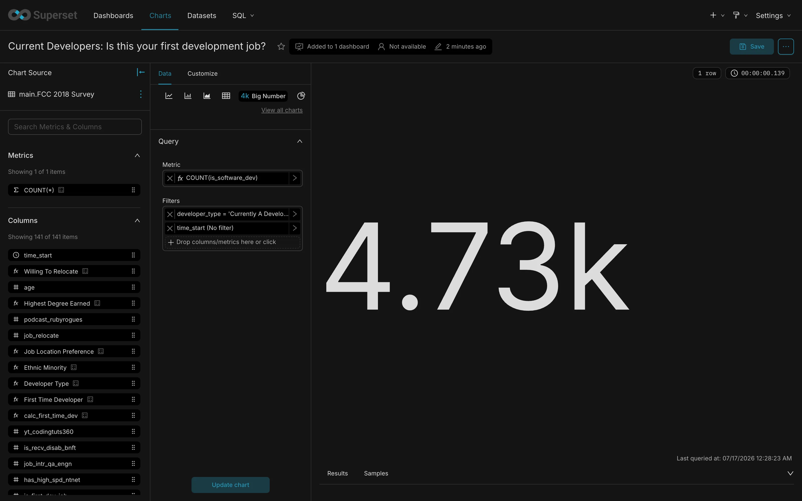 Explore: build a chart from your data — pick a metric, add filters, choose a visualization