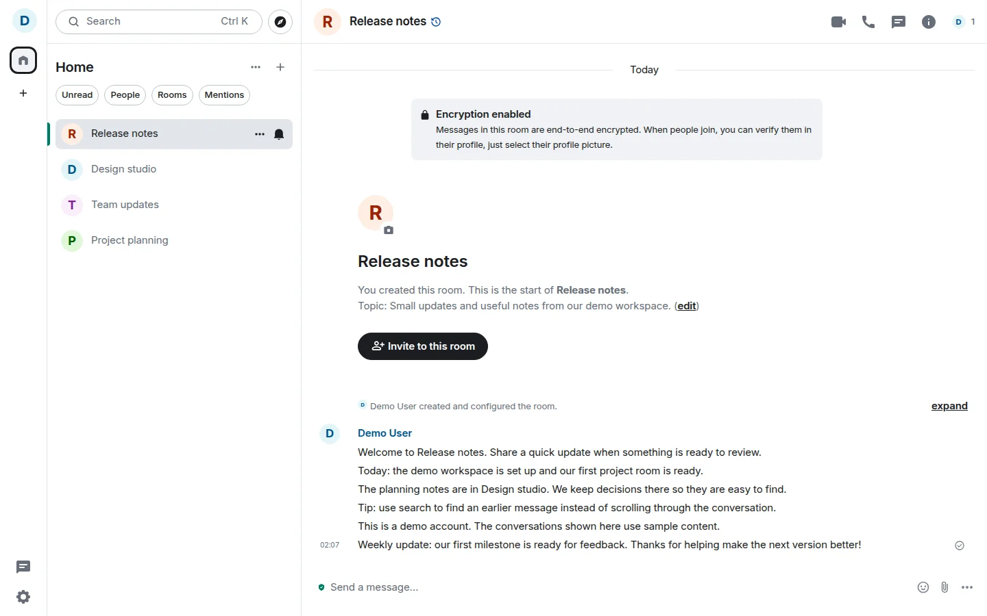 Read room conversations in Element, a separate Matrix client connected to Synapse.