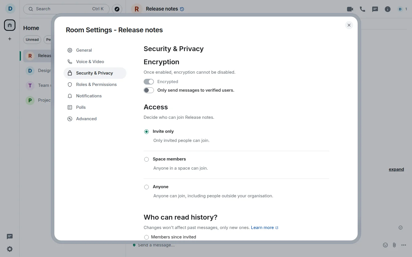 Manage room encryption and invite-only access from a connected Matrix client.