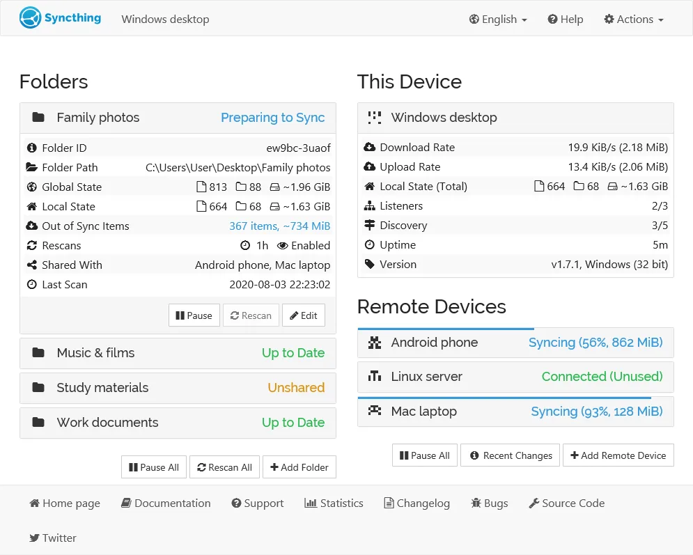 Folders: choose what to share and watch sync progress in real time