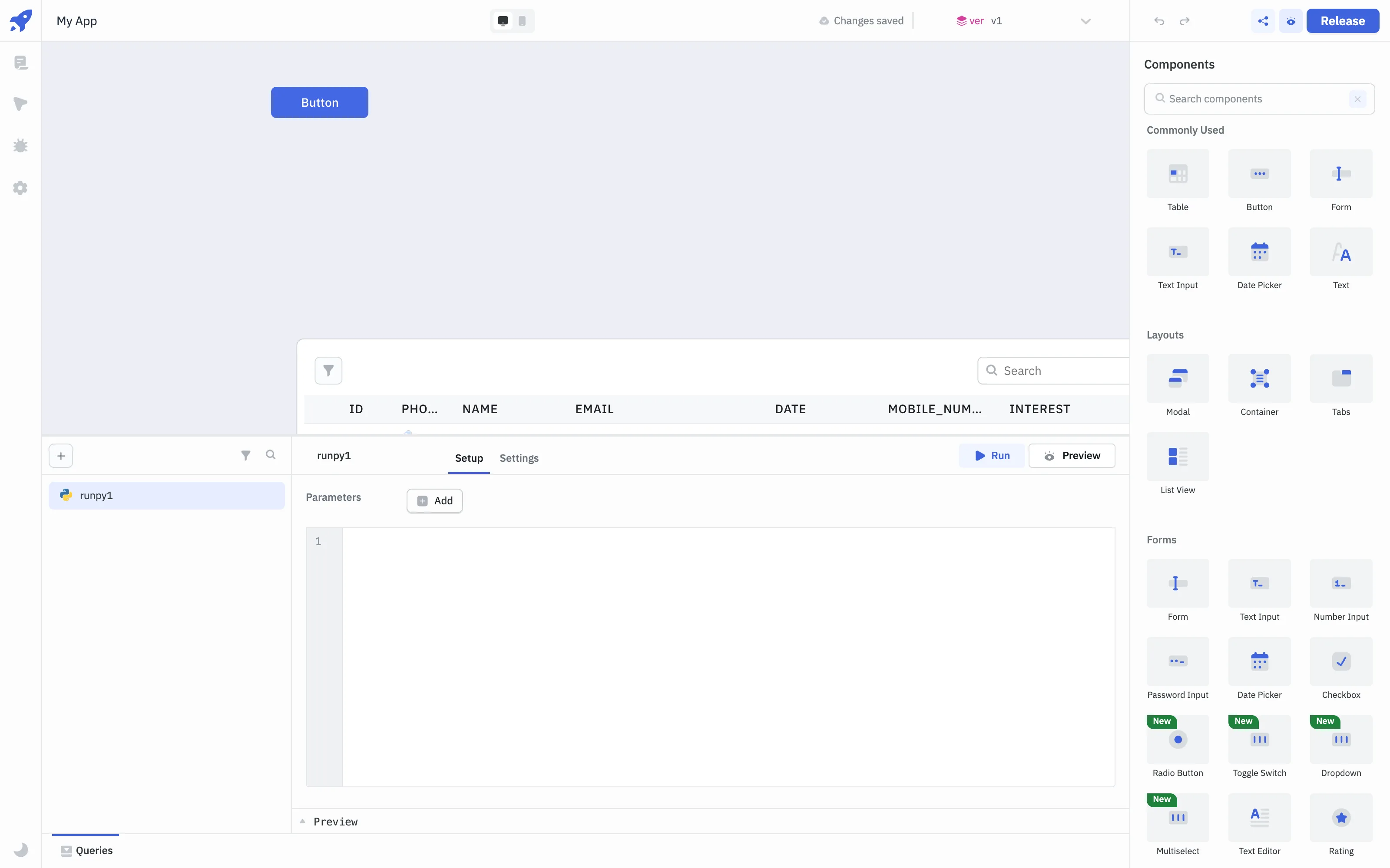 Visual drag-and-drop app builder with the component library, canvas, and inspector