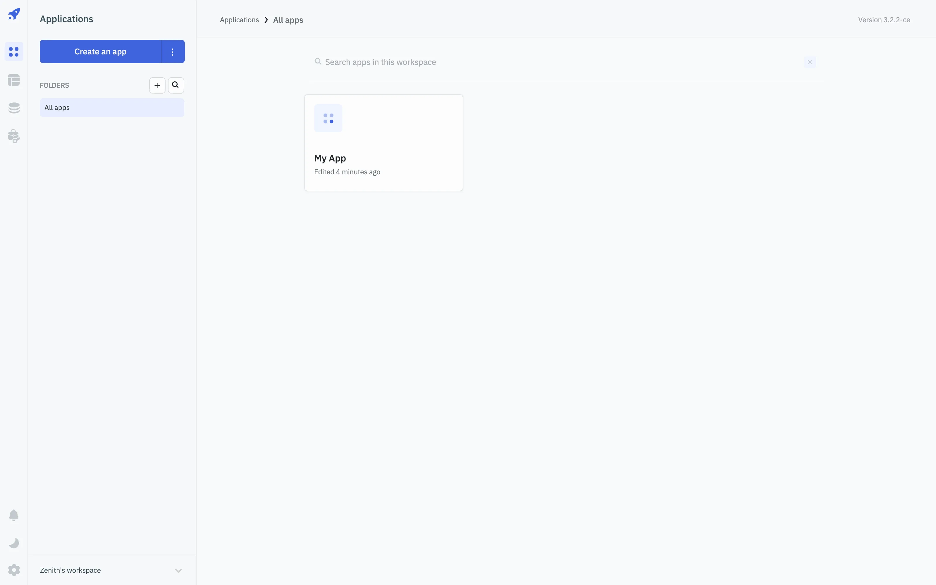 Apps dashboard listing built applications with create, folders, and workspace controls