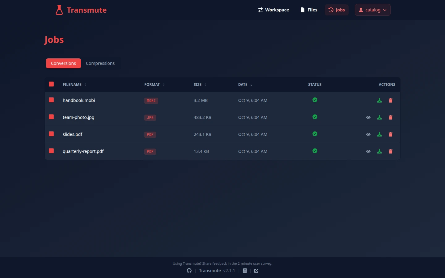 Conversions and compressions finish with download actions in history