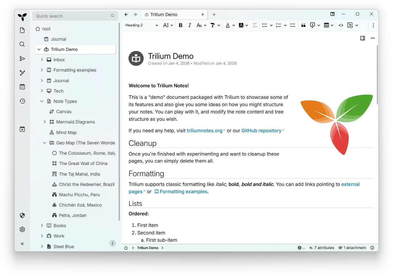 The note tree beside the rich-text editor: thousands of notes organised into a deep, navigable hierarchy