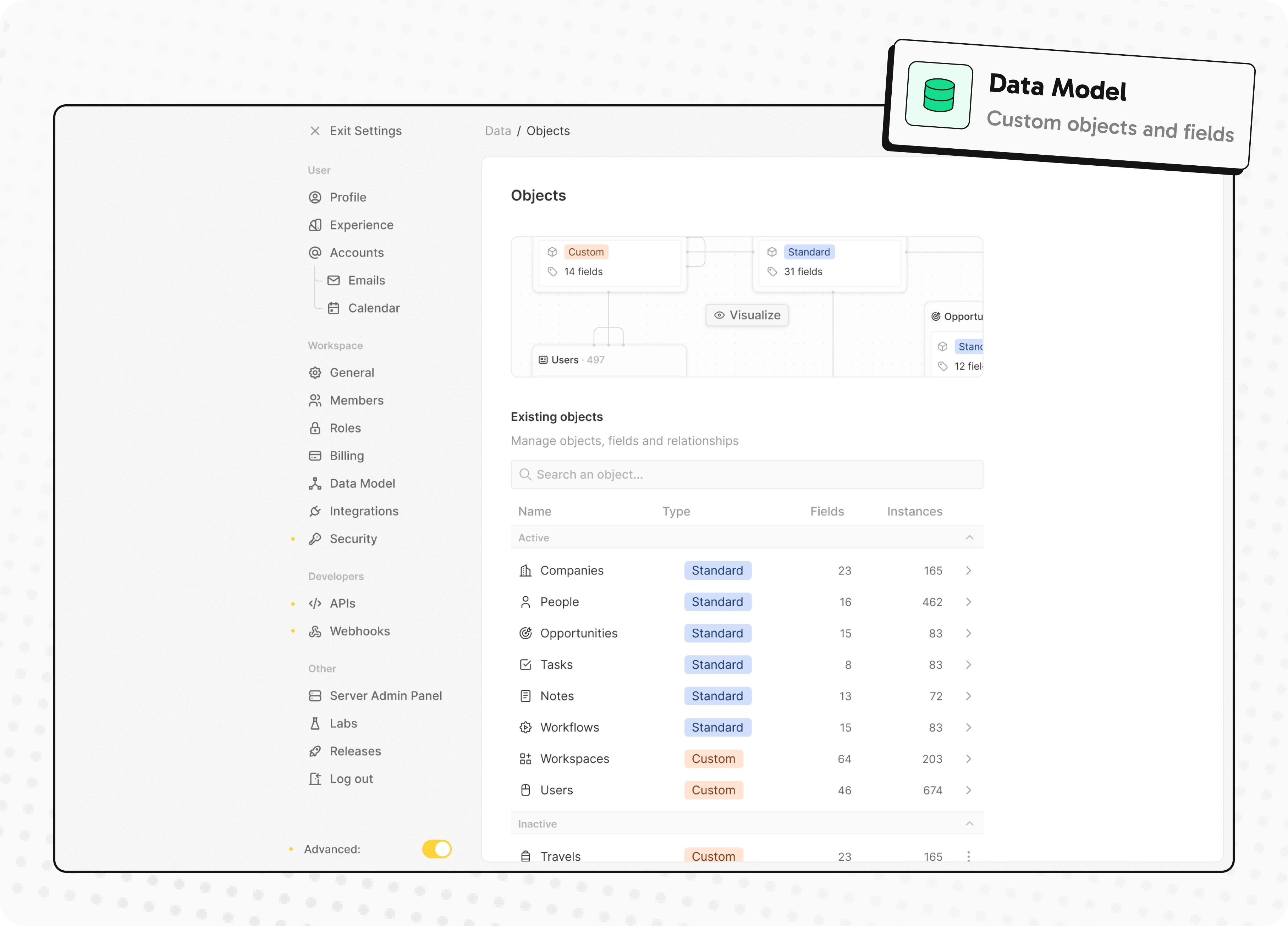 Custom data model: define objects, fields and relationships