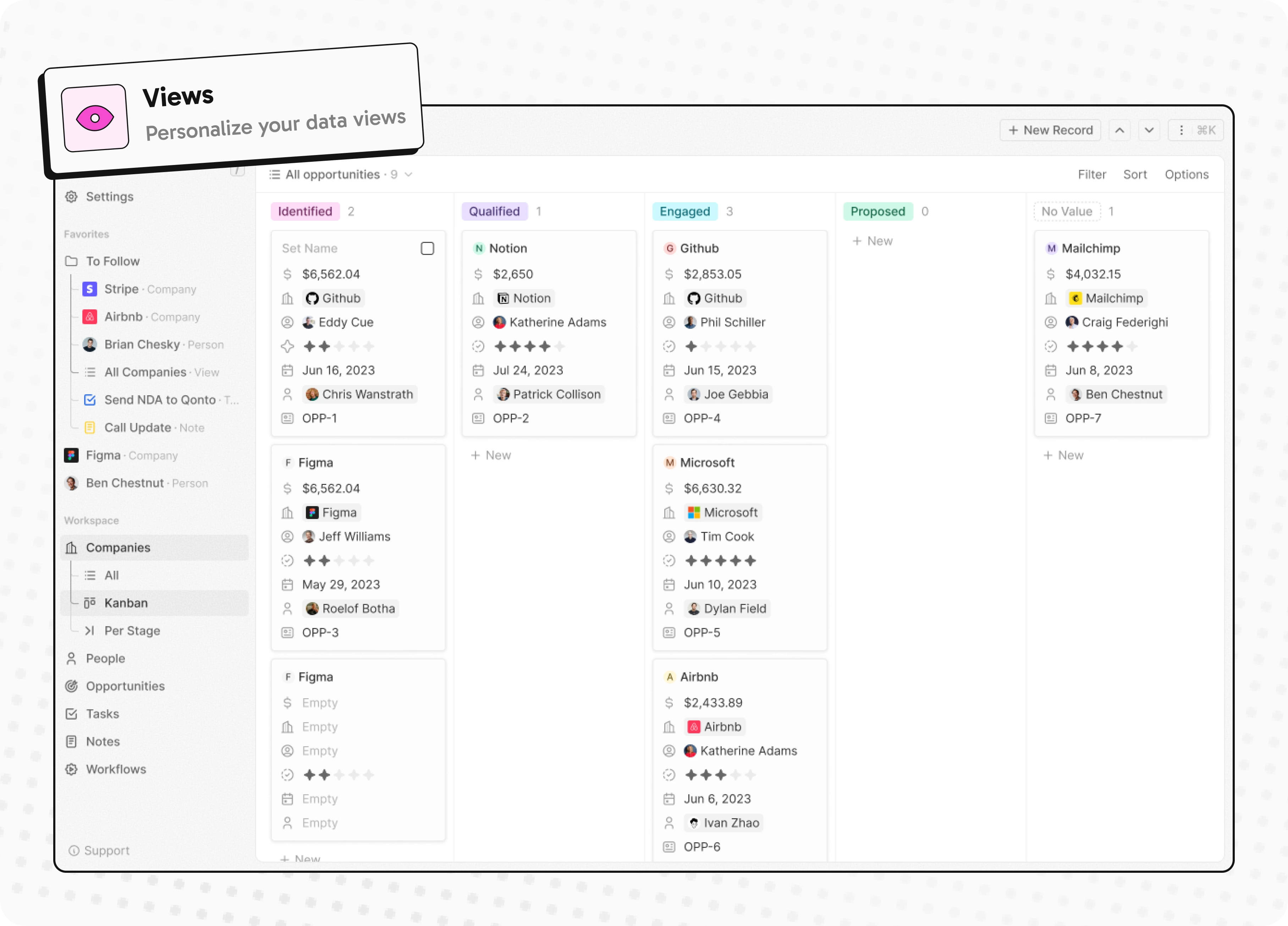 Opportunities: drag-and-drop pipeline kanban board